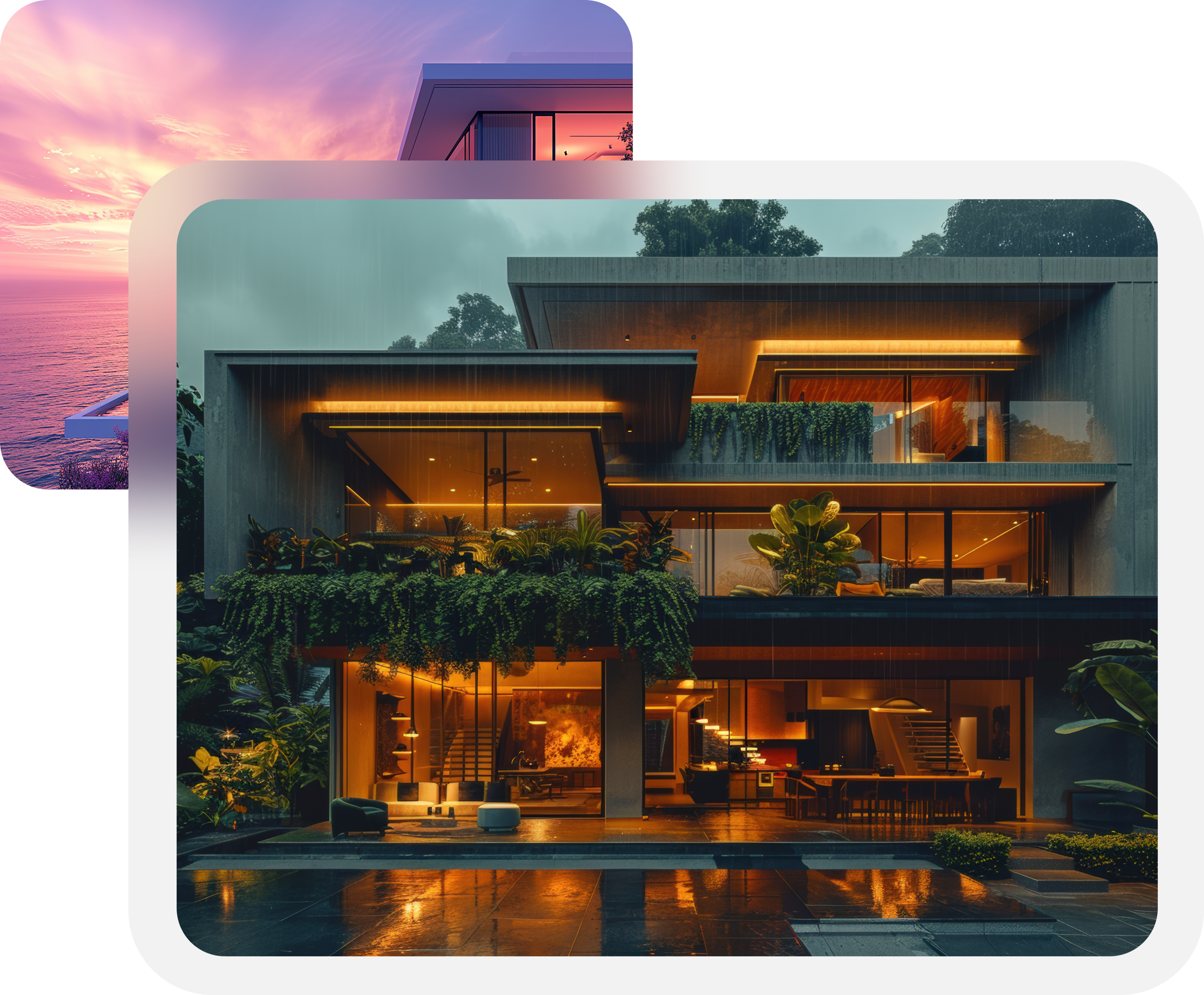 Modern homes at dusk overlooking the ocean